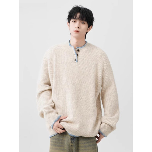 小衆設計感亨利領毛衣男秋冬復古氛圍感寬松針織衫慵懶風情侶外套