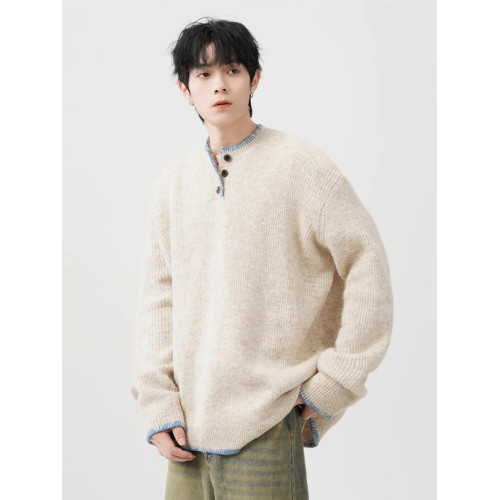 小衆設計感亨利領毛衣男秋冬復古氛圍感寬松針織衫慵懶風情侶外套