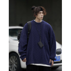 水曜日定休純色毛衣男冬季粗麻花慵懶風圓領復古針織打底衫上衣