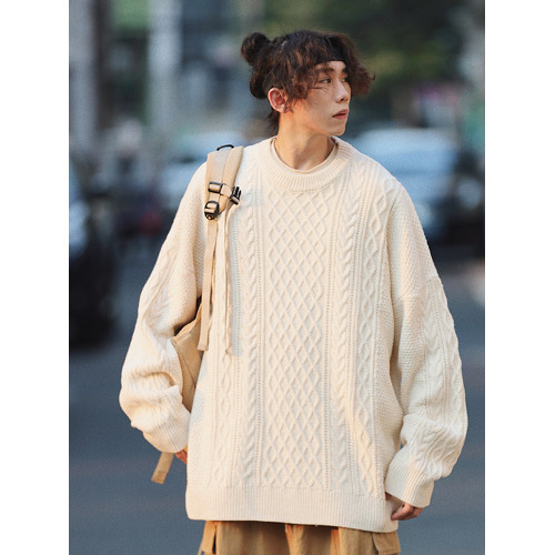 水曜日定休純色毛衣男冬季粗麻花慵懶風圓領復古針織打底衫上衣