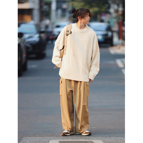 水曜日定休純色毛衣男冬季粗麻花慵懶風圓領復古針織打底衫上衣