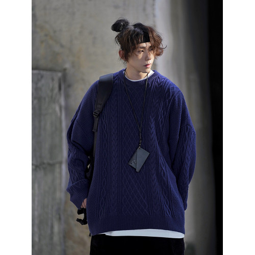 水曜日定休純色毛衣男冬季粗麻花慵懶風圓領復古針織打底衫上衣