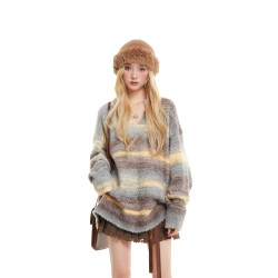 NERESUM日系復古軟糯漸變V領毛衣女2025秋冬慵懶風減齡休閒針織衫