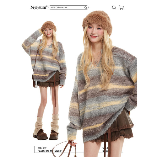 NERESUM日系復古軟糯漸變V領毛衣女2025秋冬慵懶風減齡休閒針織衫
