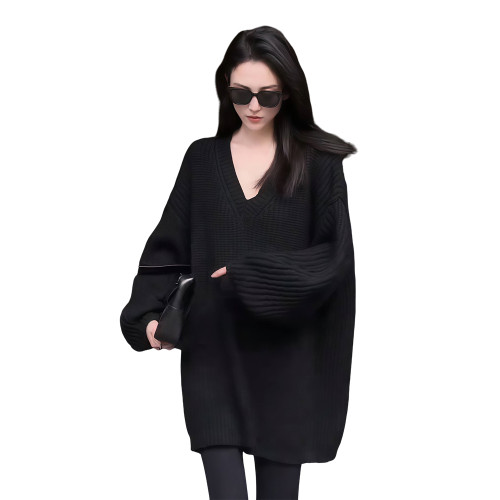 黑色V領獨特漂亮毛衣中長款搭配鯊魚褲的上衣遮屁股洋氣女款秋季