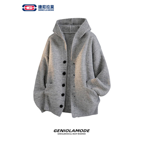 GENIOLAMODE深灰色針織開衫毛衣男女秋冬重磅寬鬆慵嬾風連帽外套