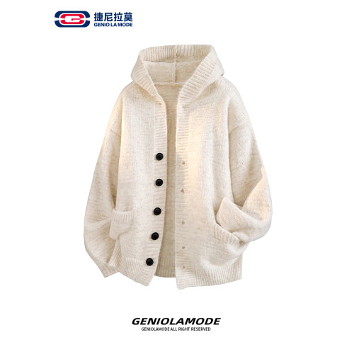 GENIOLAMODE深灰色針織開衫毛衣男女秋冬重磅寬鬆慵嬾風連帽外套