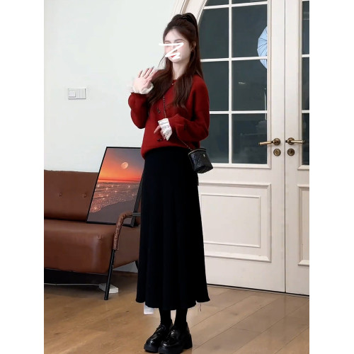 紅色復古高級感套頭毛衣女款2025新款秋冬季慵懶風寬松加厚短上衣