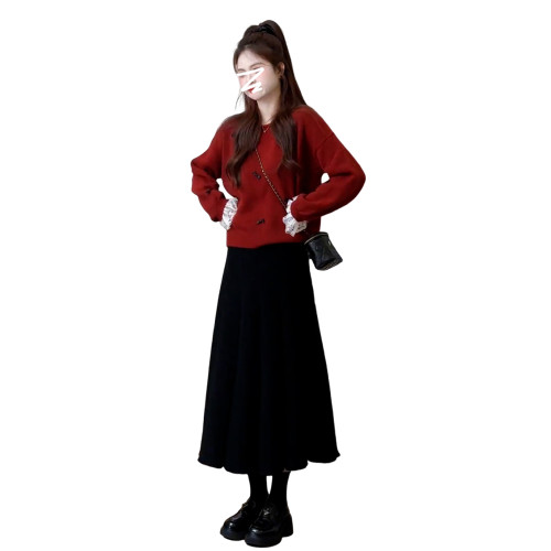 紅色復古高級感套頭毛衣女款2025新款秋冬季慵懶風寬松加厚短上衣