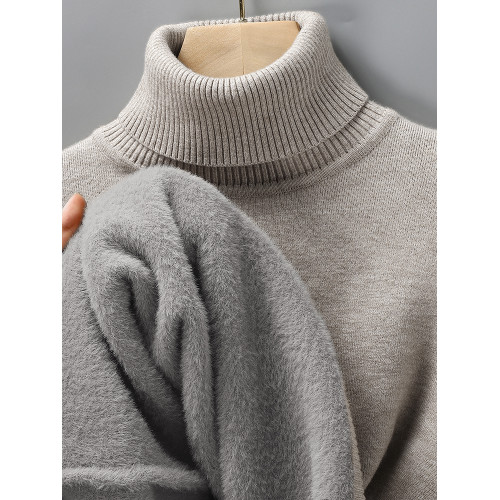 冬季新款純色毛衣加絨加厚可翻高領修身針織衫男士長領內搭打底衫