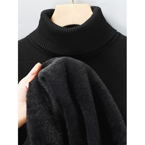 冬季新款純色毛衣加絨加厚可翻高領修身針織衫男士長領內搭打底衫