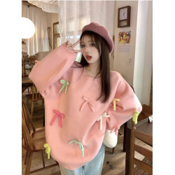 粉色甜美毛衣秋冬針織衫針織圓領新款立體寬松蝴蝶結慵懶設計上衣