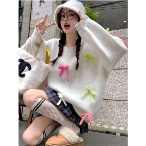 粉色甜美毛衣秋冬針織衫針織圓領新款立體寬松蝴蝶結慵懶設計上衣