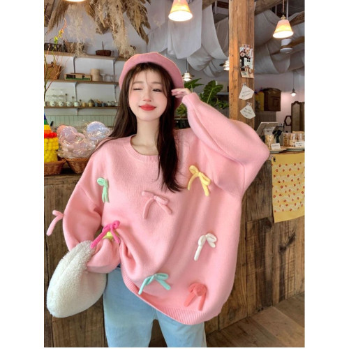 粉色甜美毛衣秋冬針織衫針織圓領新款立體寬松蝴蝶結慵懶設計上衣