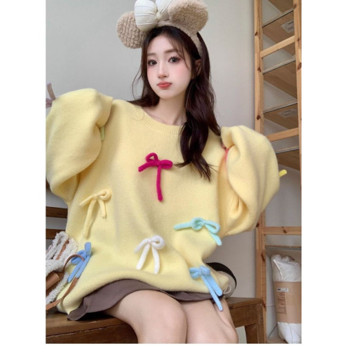 粉色甜美毛衣秋冬針織衫針織圓領新款立體寬松蝴蝶結慵懶設計上衣