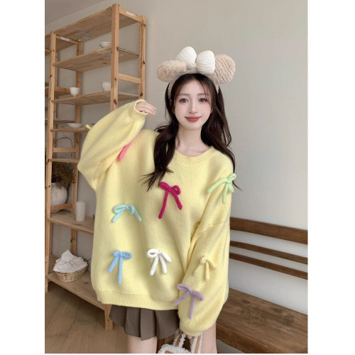 粉色甜美毛衣秋冬針織衫針織圓領新款立體寬松蝴蝶結慵懶設計上衣