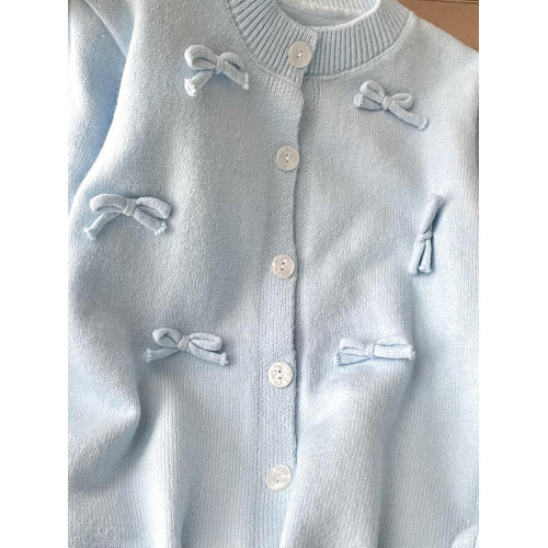 上身巨舒服！韓系baby藍色針織開衫秋冬寬松慵懶風蝴蝶結毛衣外套