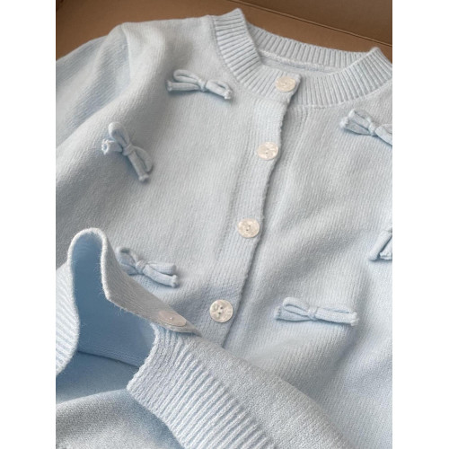 上身巨舒服！韓系baby藍色針織開衫秋冬寬松慵懶風蝴蝶結毛衣外套