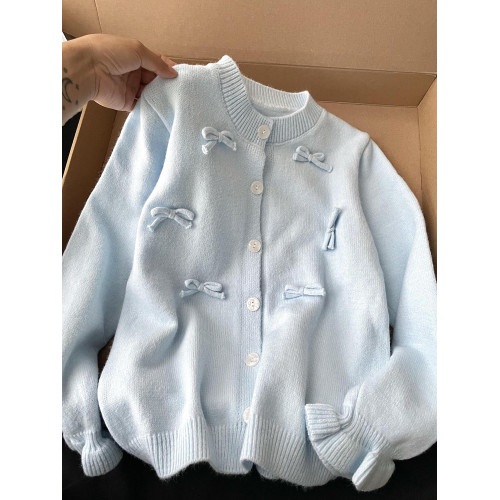 上身巨舒服！韓系baby藍色針織開衫秋冬寬松慵懶風蝴蝶結毛衣外套