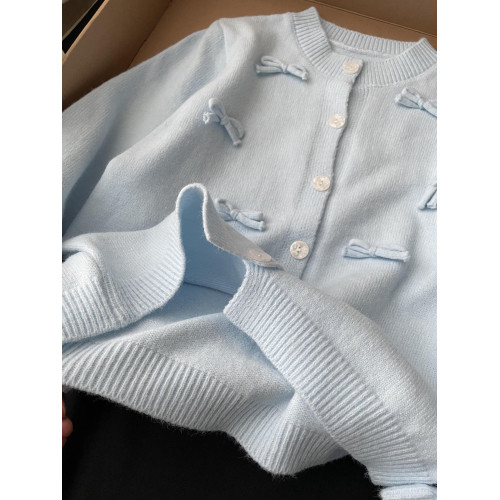 上身巨舒服！韓系baby藍色針織開衫秋冬寬松慵懶風蝴蝶結毛衣外套