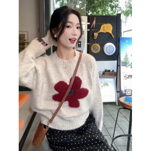 撞色花朵提花軟糯毛衣女秋季2025新款寬松長袖針織衫獨特漂亮上衣