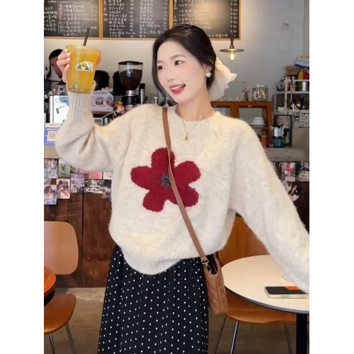 撞色花朵提花軟糯毛衣女秋季2025新款寬松長袖針織衫獨特漂亮上衣