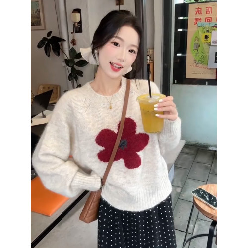 撞色花朵提花軟糯毛衣女秋季2025新款寬松長袖針織衫獨特漂亮上衣