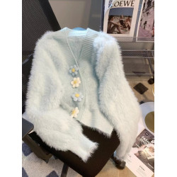 秋冬季軟糯水貂絨針織開衫女慵懶溫柔風立體花朵釦v領毛衣外套