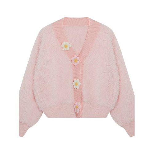 秋冬季軟糯水貂絨針織開衫女慵懶溫柔風立體花朵釦v領毛衣外套