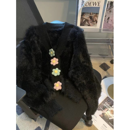 秋冬季軟糯水貂絨針織開衫女慵懶溫柔風立體花朵釦v領毛衣外套