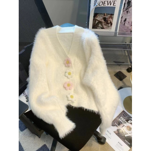 秋冬季軟糯水貂絨針織開衫女慵懶溫柔風立體花朵釦v領毛衣外套