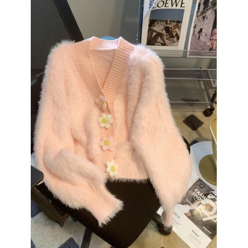 秋冬季軟糯水貂絨針織開衫女慵懶溫柔風立體花朵釦v領毛衣外套