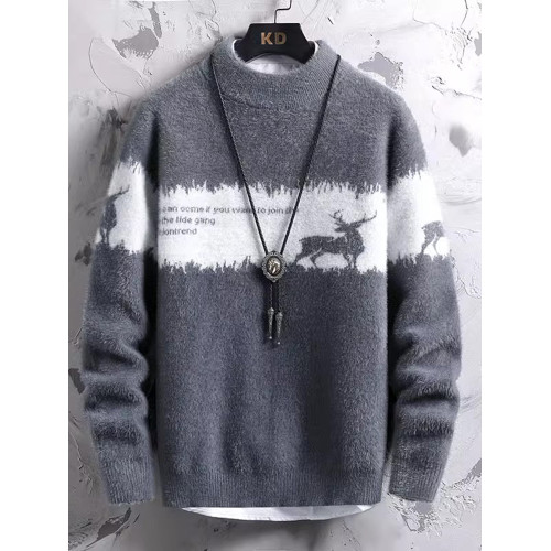 男士毛衣秋冬季新款加絨半高領青年針織衫慵懶風保暖毛線衣服冬裝