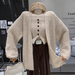 韓版辣妹純欲緊身單排釦抹胸內搭+慵懶毛絨寬松針織開衫兩件套女