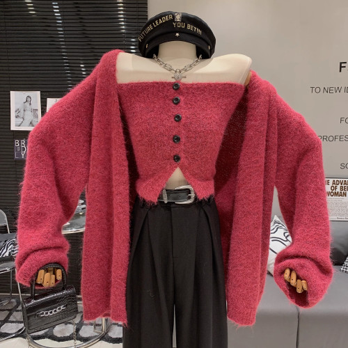 韓版辣妹純欲緊身單排釦抹胸內搭+慵懶毛絨寬松針織開衫兩件套女