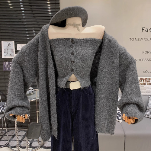 韓版辣妹純欲緊身單排釦抹胸內搭+慵懶毛絨寬松針織開衫兩件套女