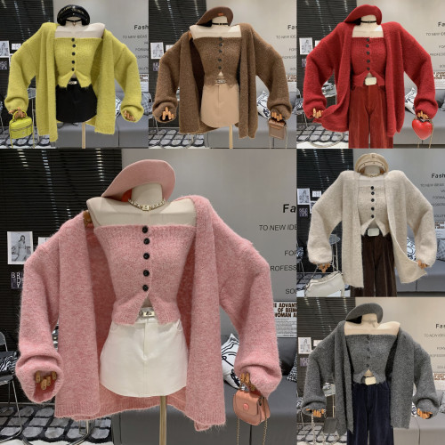 韓版辣妹純欲緊身單排釦抹胸內搭+慵懶毛絨寬松針織開衫兩件套女