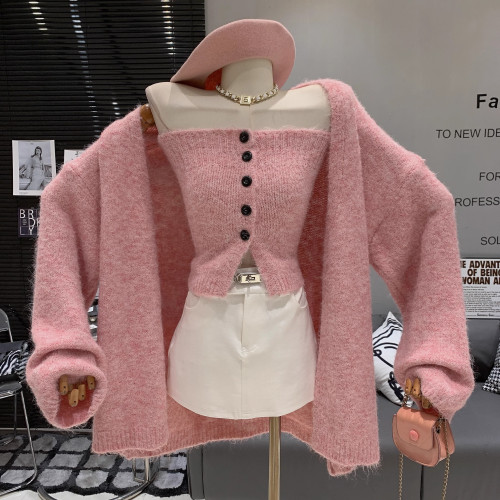 韓版辣妹純欲緊身單排釦抹胸內搭+慵懶毛絨寬松針織開衫兩件套女