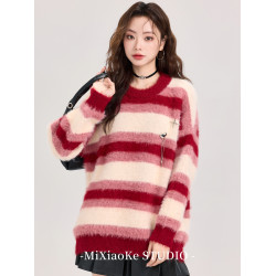 羋小可聖誕穿搭紅色條紋仿貂毛毛衣女秋冬季慵懶風針織衫寬松上衣
