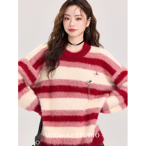 羋小可聖誕穿搭紅色條紋仿貂毛毛衣女秋冬季慵懶風針織衫寬松上衣
