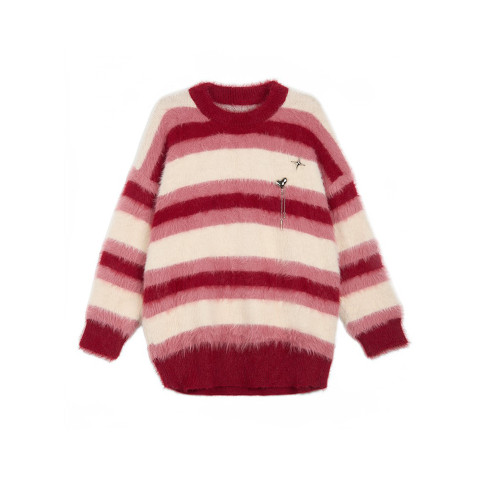 羋小可聖誕穿搭紅色條紋仿貂毛毛衣女秋冬季慵懶風針織衫寬松上衣