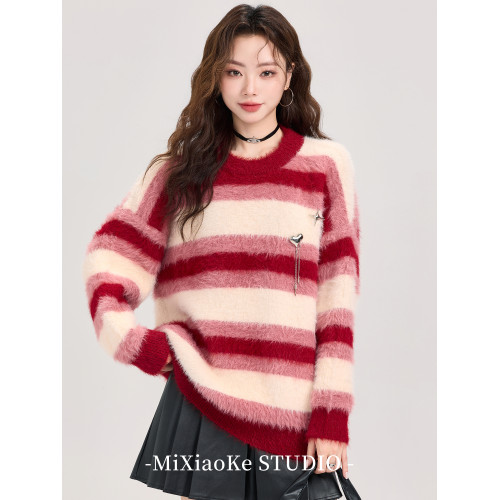 羋小可聖誕穿搭紅色條紋仿貂毛毛衣女秋冬季慵懶風針織衫寬松上衣
