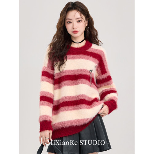 羋小可聖誕穿搭紅色條紋仿貂毛毛衣女秋冬季慵懶風針織衫寬松上衣