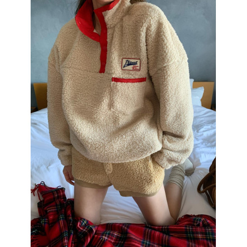 韓國chic秋冬復古氣質立領字母標簽設計寬松休閒長袖羊羔毛衛衣女