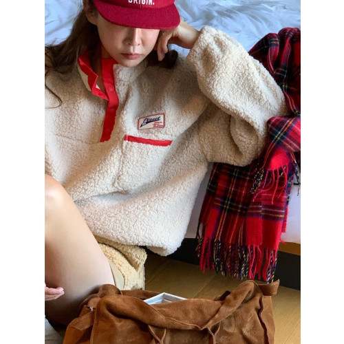 韓國chic秋冬復古氣質立領字母標簽設計寬松休閒長袖羊羔毛衛衣女