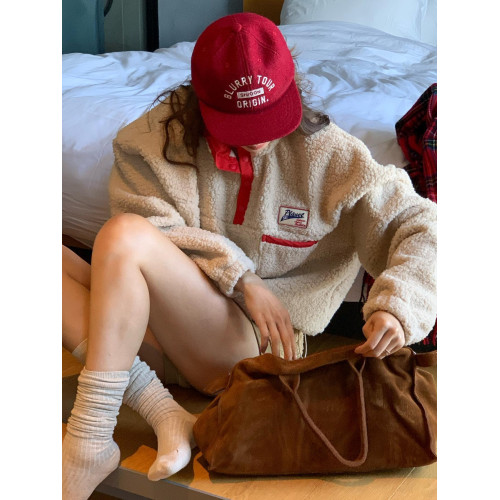 韓國chic秋冬復古氣質立領字母標簽設計寬松休閒長袖羊羔毛衛衣女