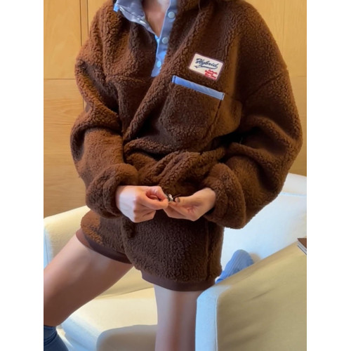 韓國chic秋冬復古氣質立領字母標簽設計寬松休閒長袖羊羔毛衛衣女