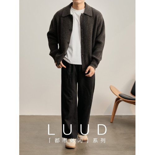 LUUD 慵懶風坑條肌理感翻領針織開衫毛衣男秋冬簡約cleanfit外套