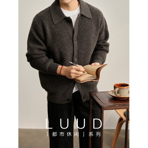 LUUD 慵懶風坑條肌理感翻領針織開衫毛衣男秋冬簡約cleanfit外套