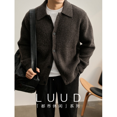 LUUD 慵懶風坑條肌理感翻領針織開衫毛衣男秋冬簡約cleanfit外套
